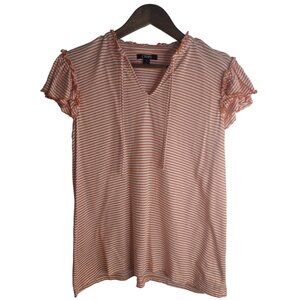 Chaps Women's Orange & White Striped T-Shirt Flutter Sleeves Front-Tie Sz M